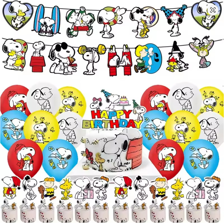 Snoopy Theme Birthday Party Decoration – Set Balloon, Banner, Cake Toppers