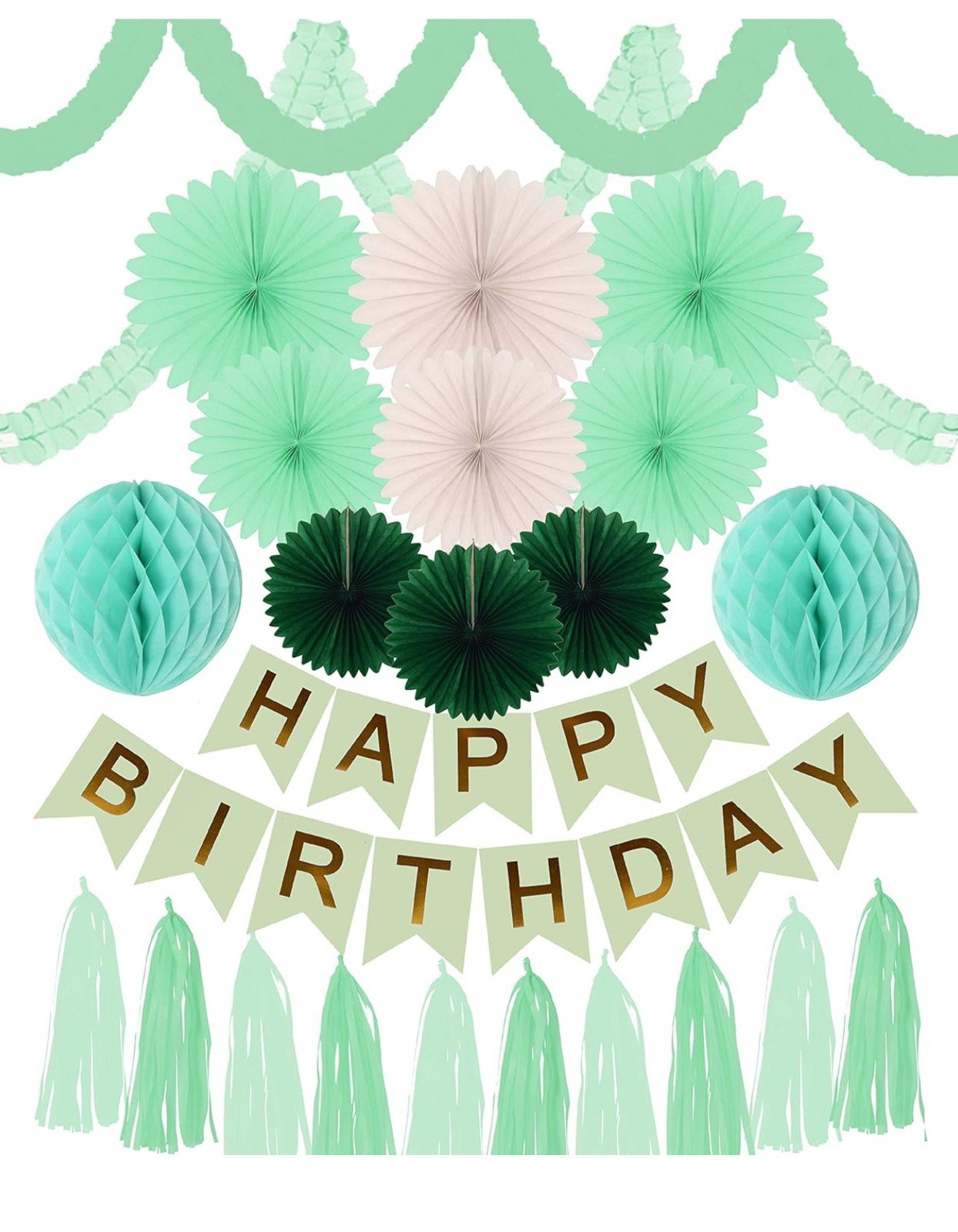 Birthday Decor, Adult and Children’s Parties – Multi Green, White & Gold – NEW