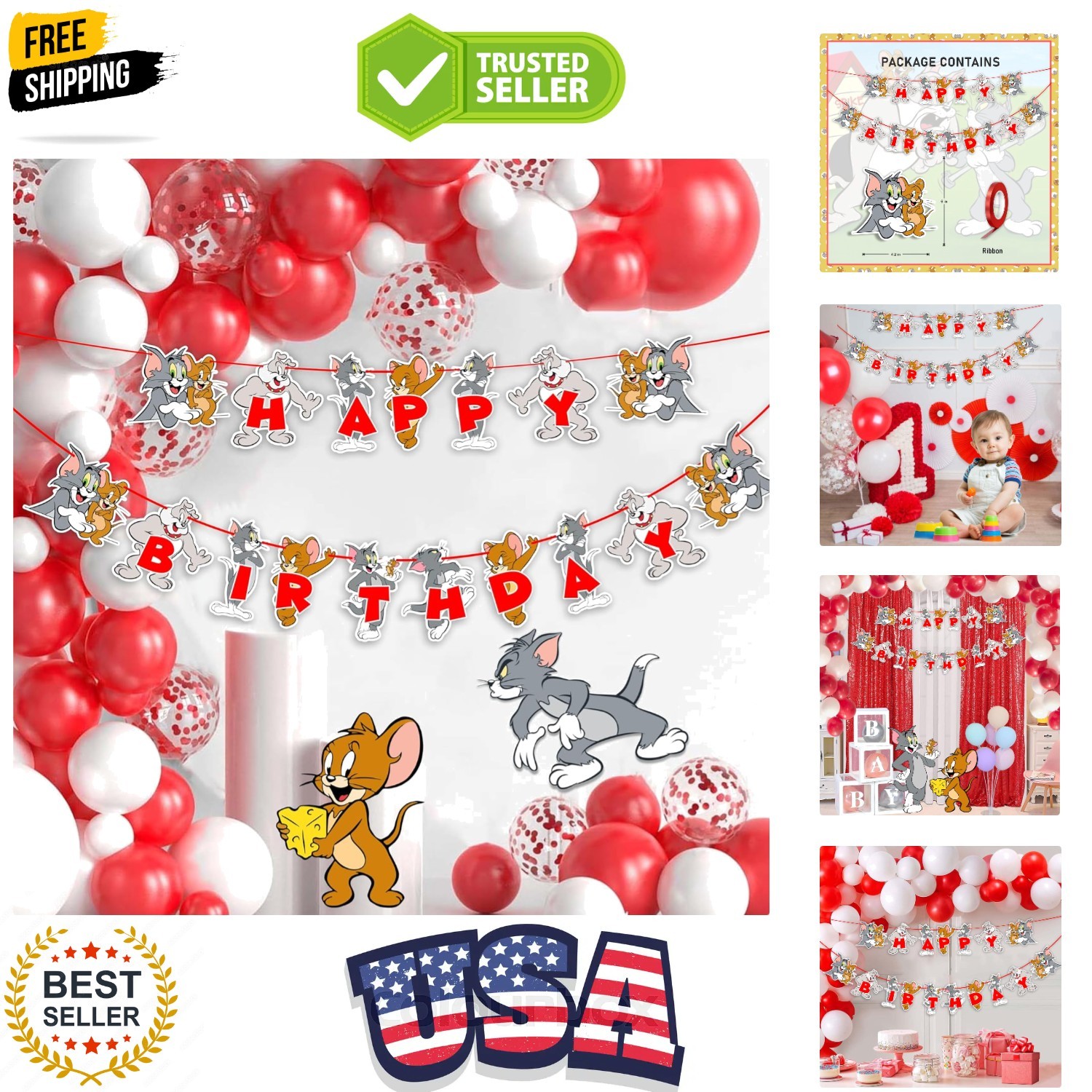 Tom & Jery Happy Birthday Banner – Classic Cartoon Theme Party Decoration – F…