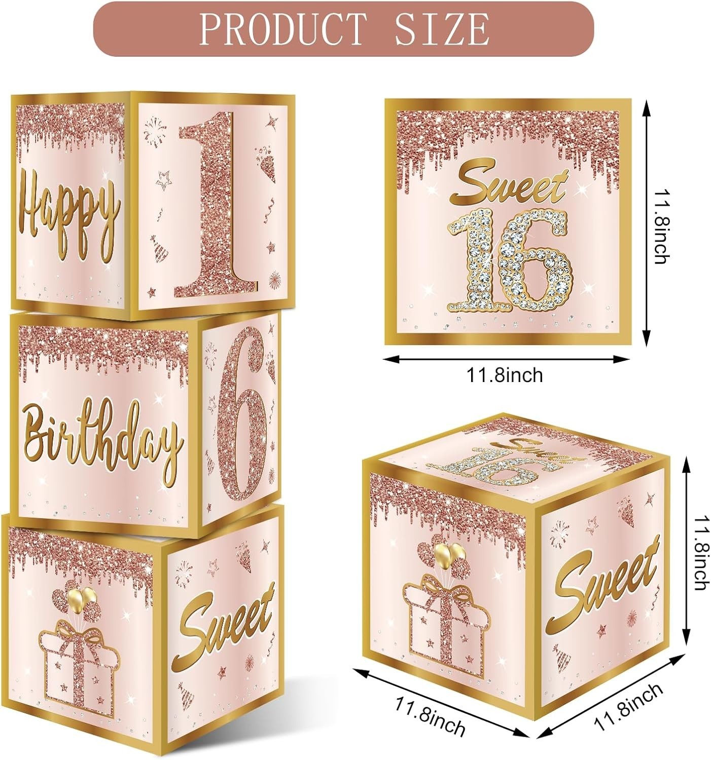 3Pcs Sweet 16 Party Decorations Boxes for Girls Women, Pink Rose Gold 16th Bi…