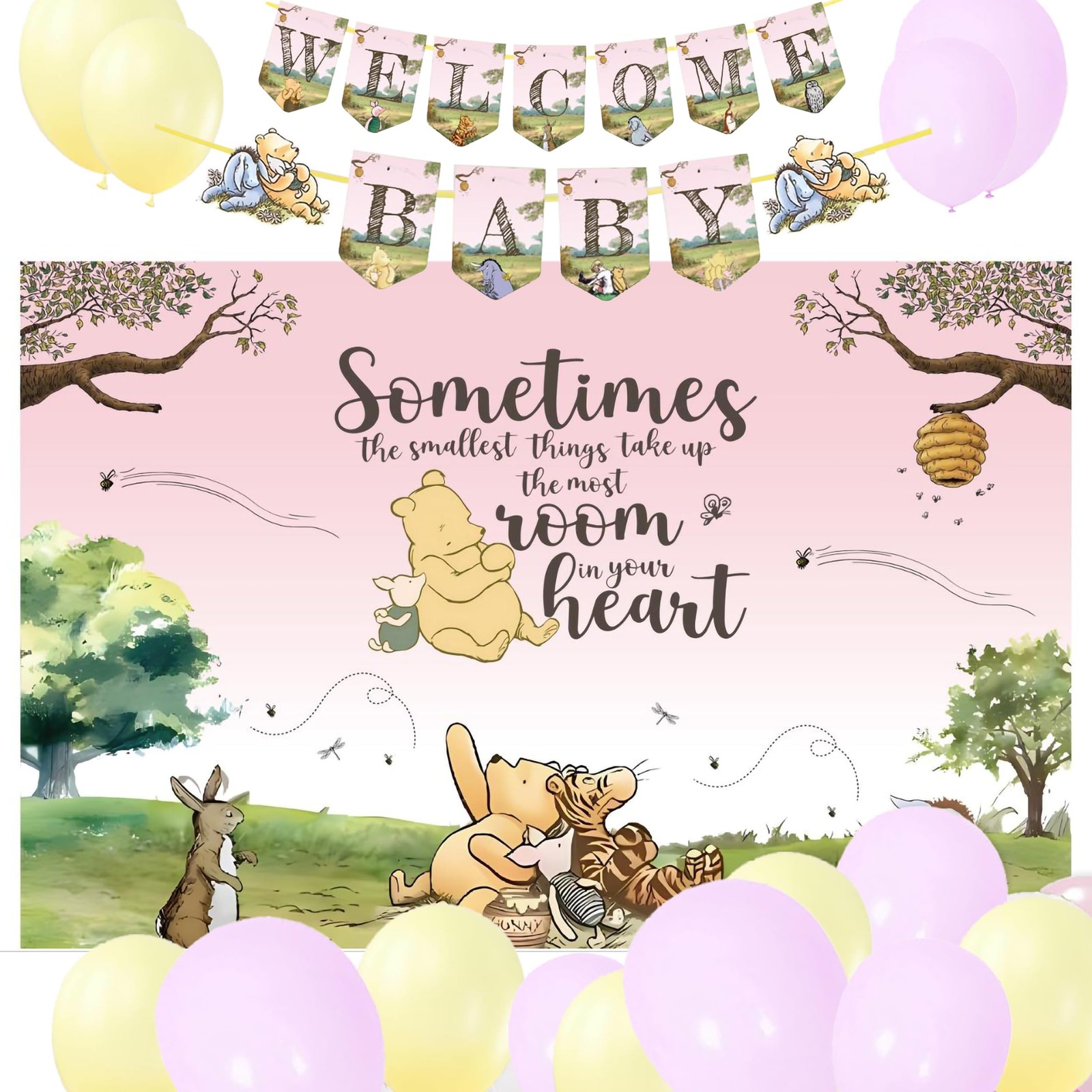 Winnie The Pooh Pink And Gold Decorations For Baby Shower Balloons Backdrop Girl