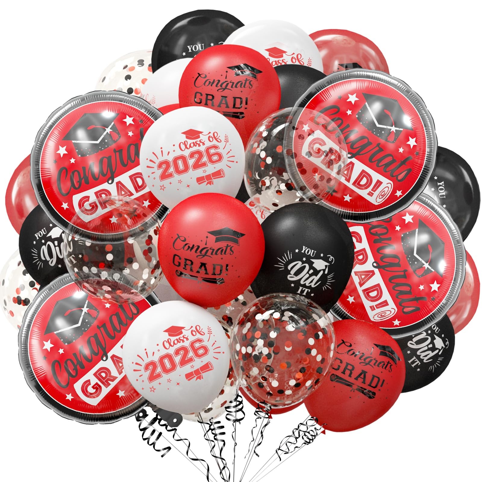 Graduation Black and Red Balloons 2026 Grad Latex Confetti Balloons with Con…