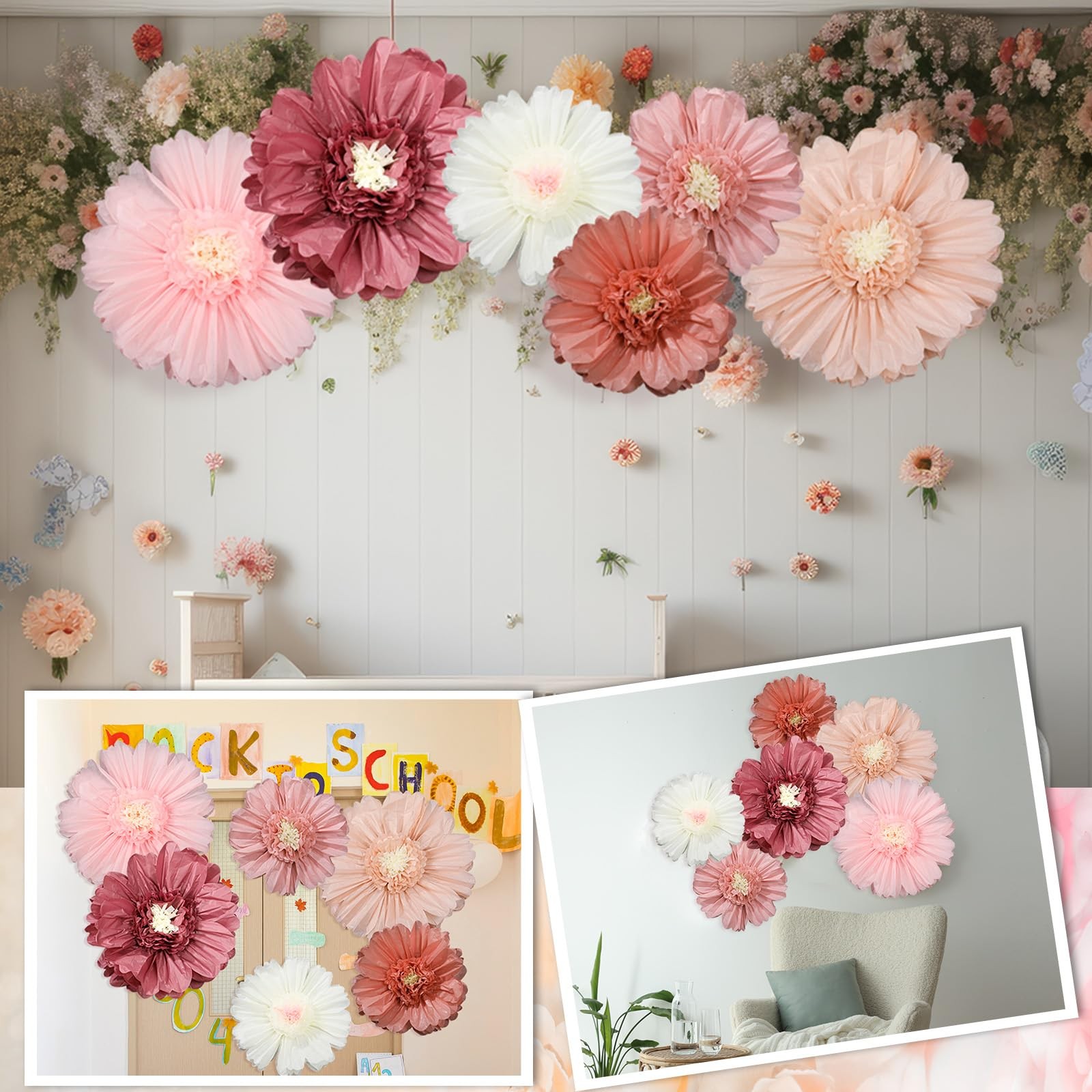 6 Pcs 31.5″ 24″ Pink Giant Paper Flowers Decorations for Wall Extra Large Pin…