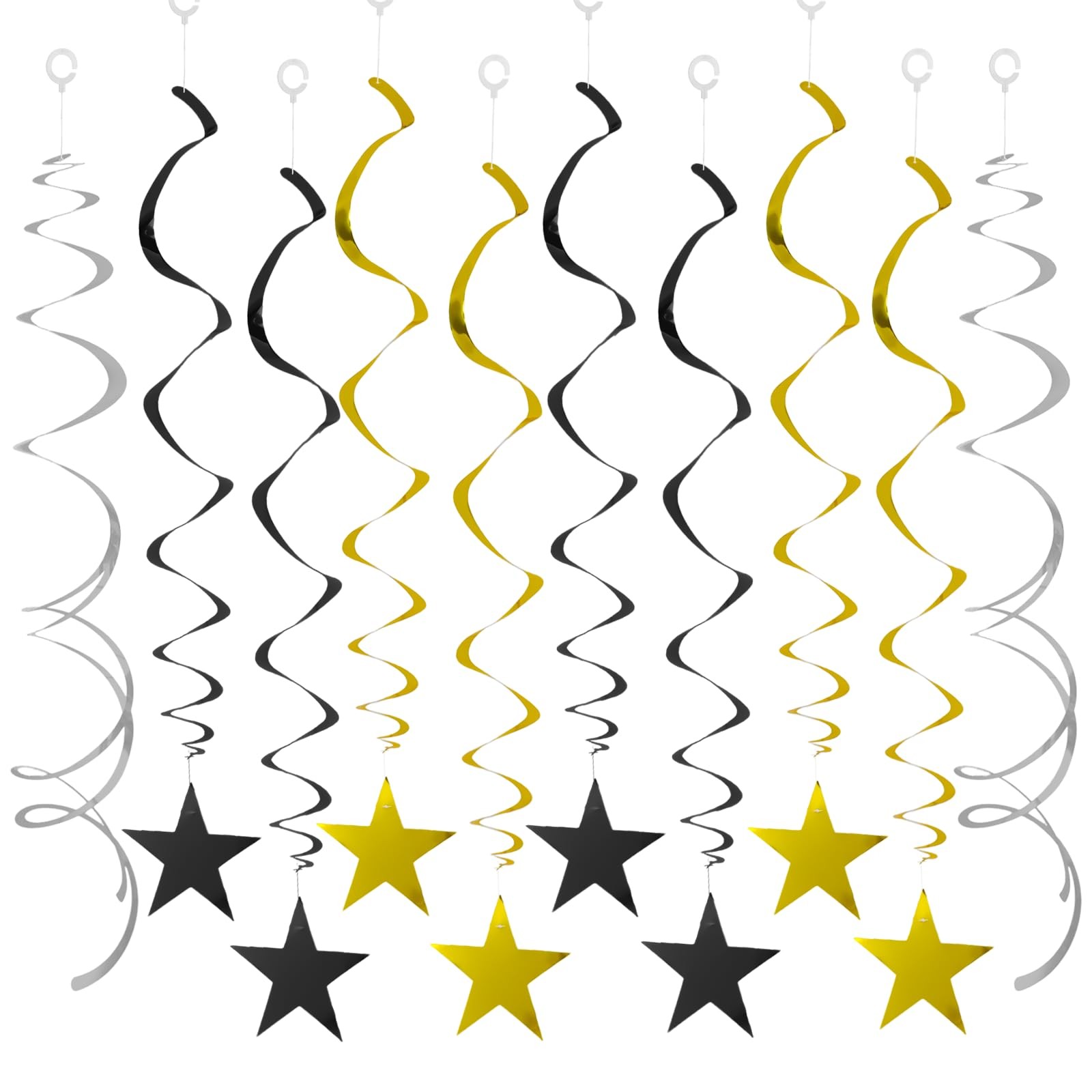 40 PCS Gold Black Silver Hanging Stars Swirls Party Decorations Plastic