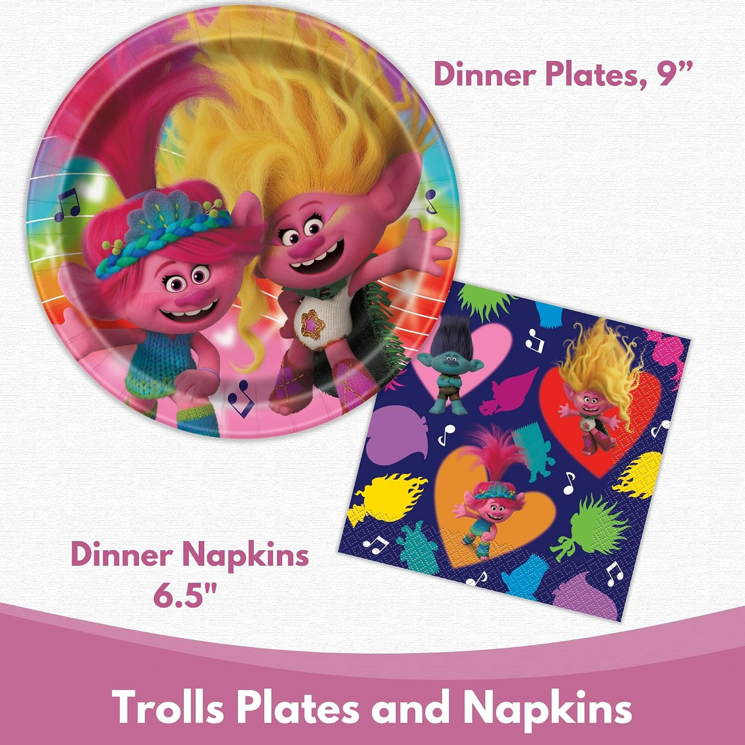 Trolls Birthday Party Decorations for 16 – Bundle with Trolls Plates and Napkins