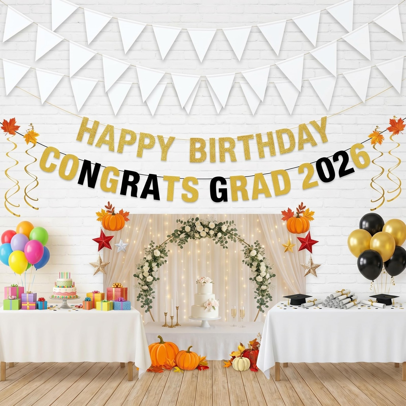 2P White Party Decorations – Metallic Fabric Triangle Pennant Banner Flags – …