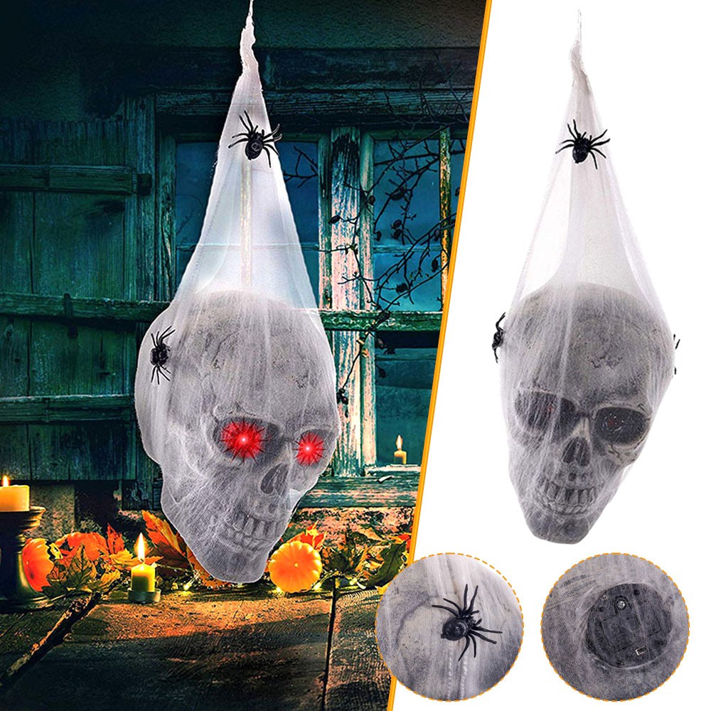 Halloween Animated Hanging Skulls Head Covered with Spider Webs OY