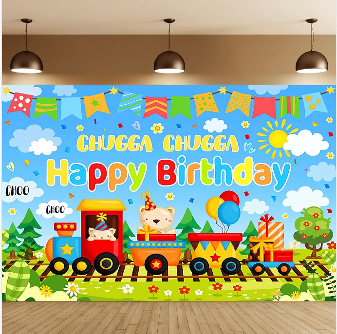 Cartoon Animal Train Happy Birthday Banner Backdrop Party Background Supplies