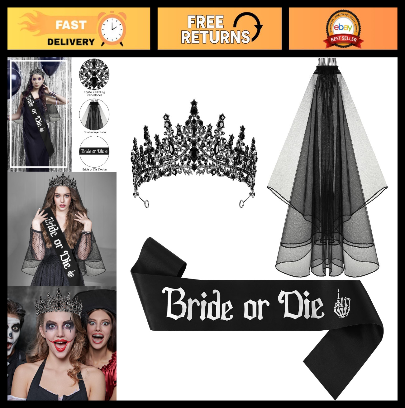 3 Pcs Gothic Bachelorette Party Set – Bride Crown, Veil & Sash for Halloween Wed