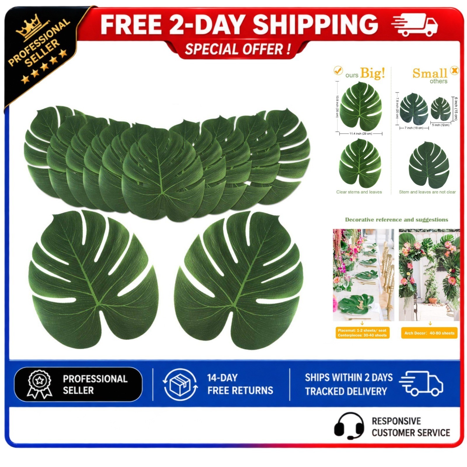 Artificial Tropical Palm Leaves 24pc Hawaiian Luau Jungle Party Decor