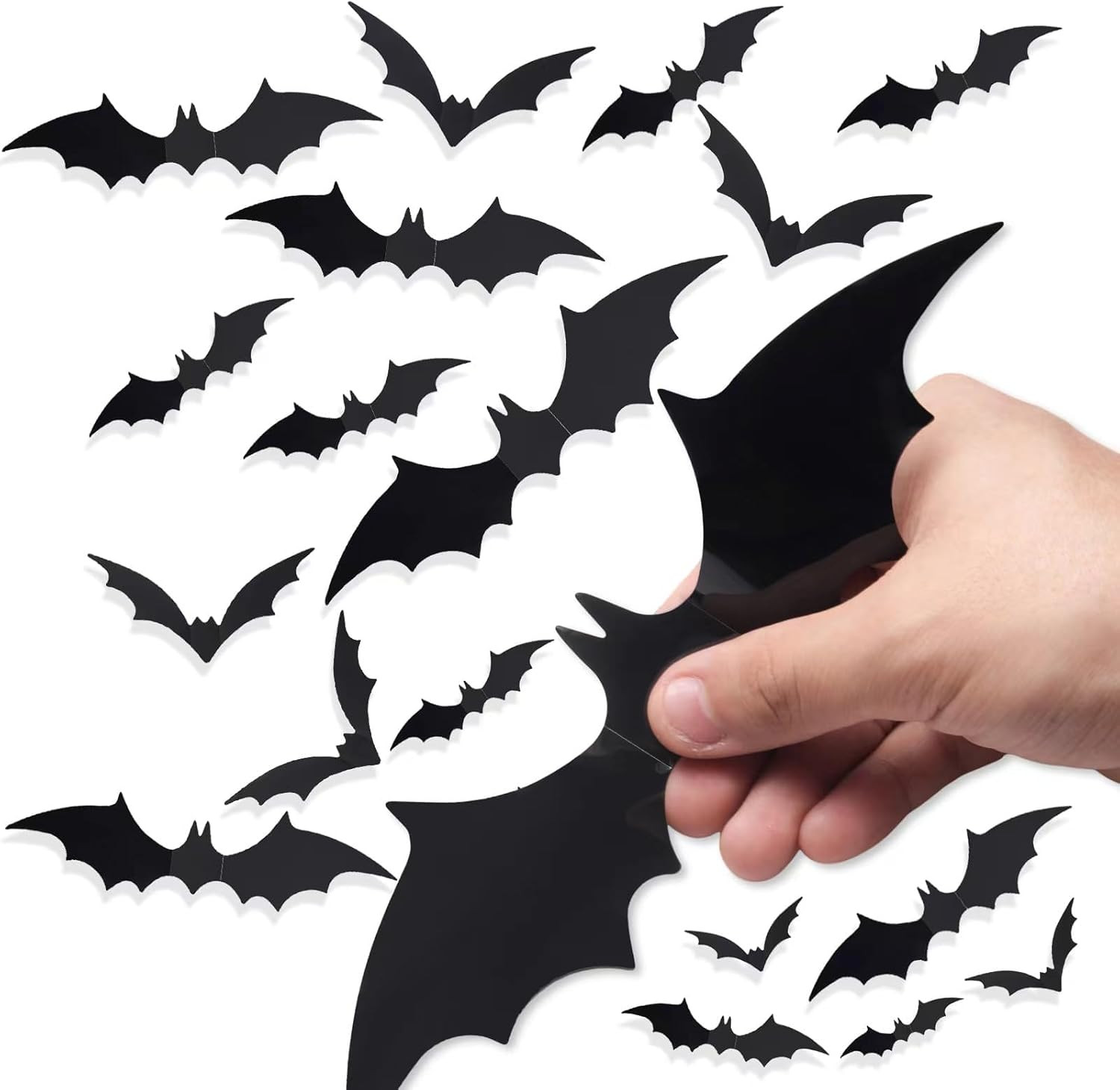 60 PCS Halloween Bats Decoration, 4 Different Sizes Realistic PVC Black 3D Scary