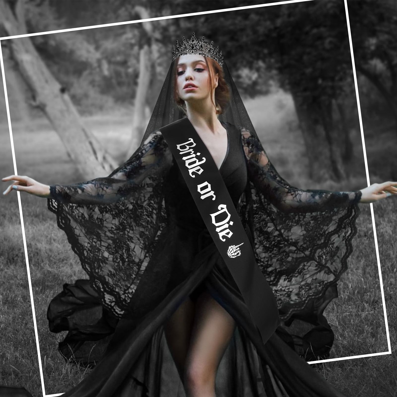 3 Pcs Gothic Bachelorette Party Set – Bride Crown, Veil & Sash for Halloween Wed