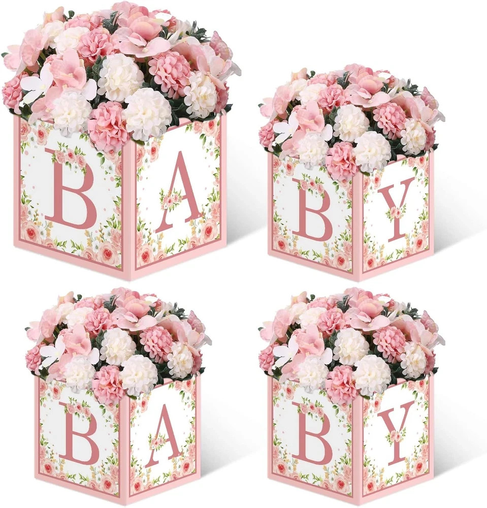 Pink Baby Shower Boxes Decorations – 4 Baby Shower Centerpiece Boxes Gender Reve