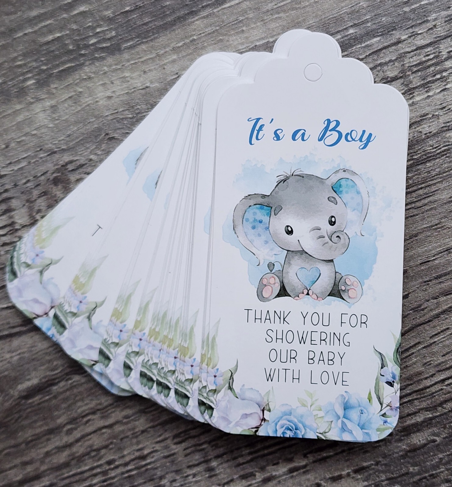 100 Elephant Baby Shower IT’S A BOY Blue Gray Thank You Party Favor Tag/Labels