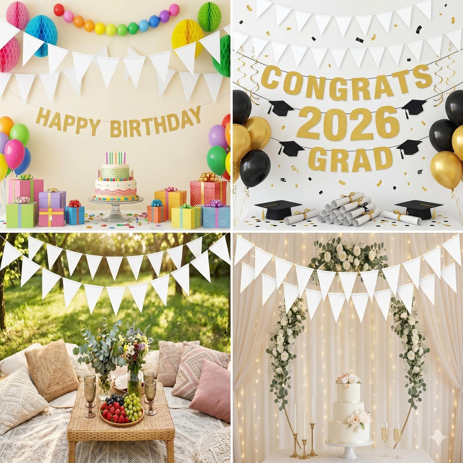 2P White Party Decorations – Metallic Fabric Triangle Pennant Banner Flags – …