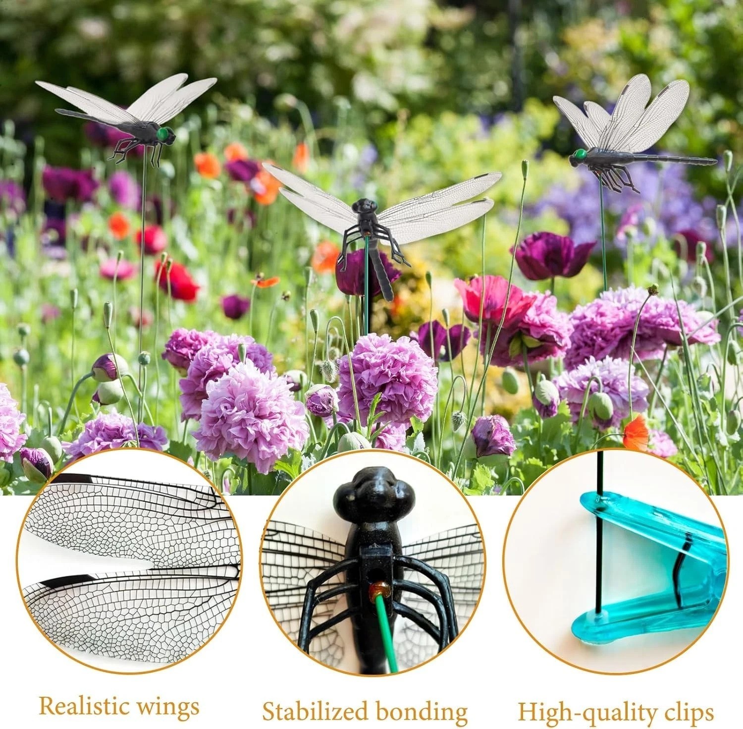 Set of 10 Realistic Black Dragonfly Clips – PVC Garden Decorations & Accessories