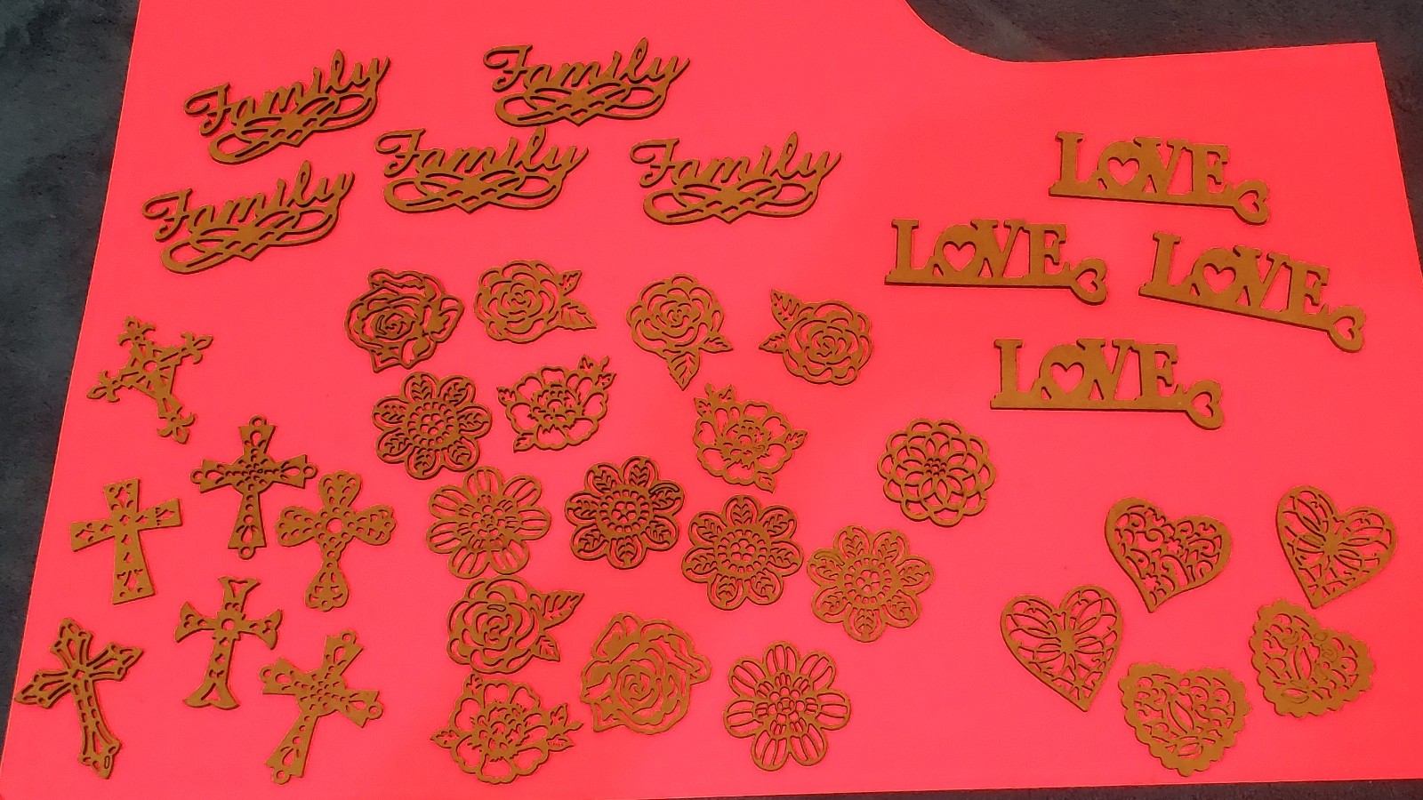 laser cut table scatter decor – 37 pc – Love, Family, Crosses, Hearts, Flowers