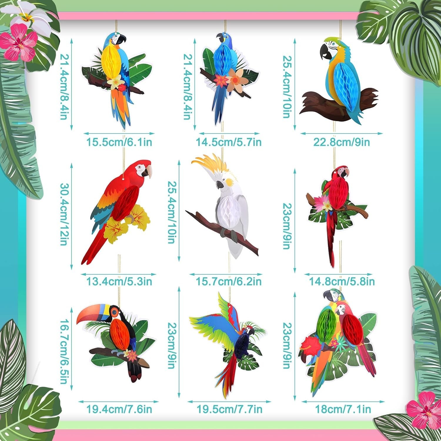 Vibrant Tropical Birds Honeycomb Cutouts – 9 Count for Hawaiian Parties