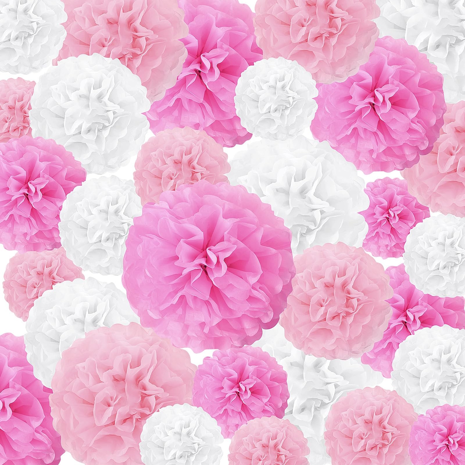 Tissue Paper Pom Poms Assorted Sizes Flowers Wedding Party Pink White 48 PCS