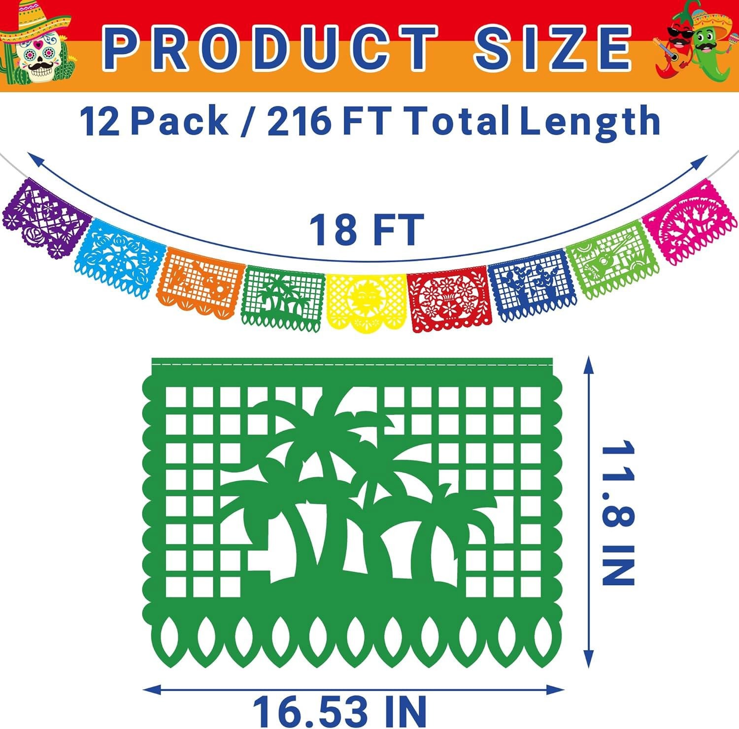 12Packs 216Ft Mexican Party Banners Large Plastic Papel Picado Banner 9 Pattern