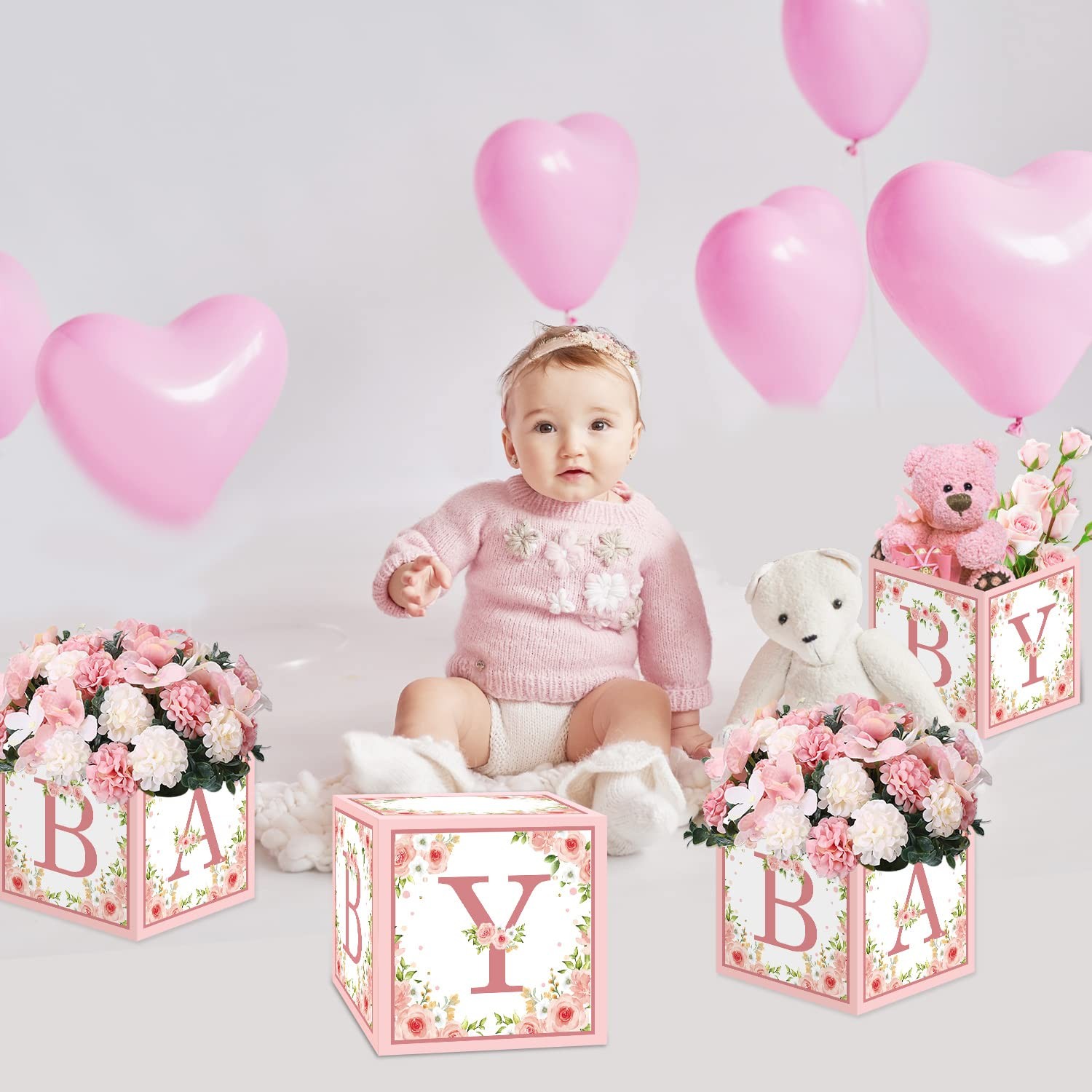 Pink Baby Shower Boxes Decorations – 4 Baby Shower Centerpiece Boxes Gender R…