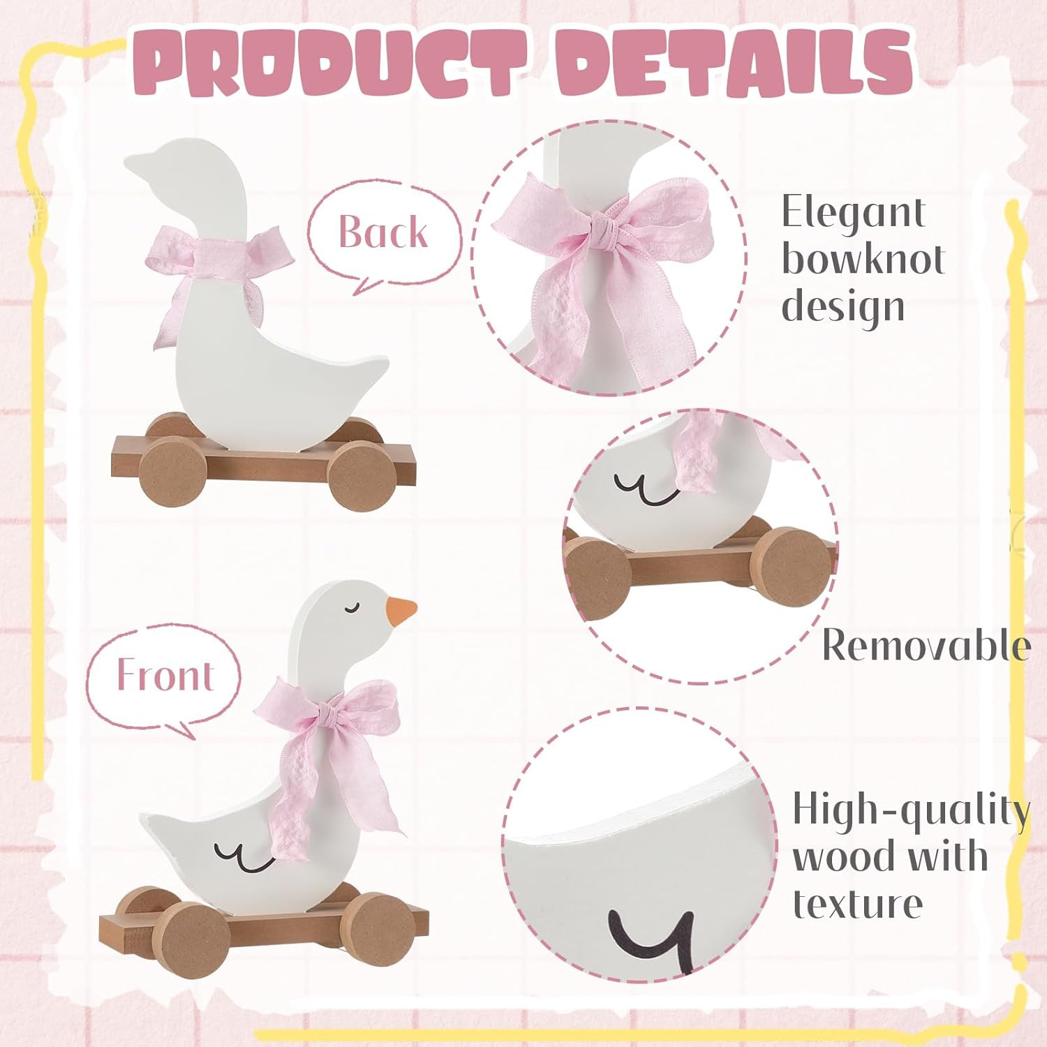 3 Pcs Silly Goose Baby Shower Table Centerpieces Pink Bow Wooden Goose on Wheels