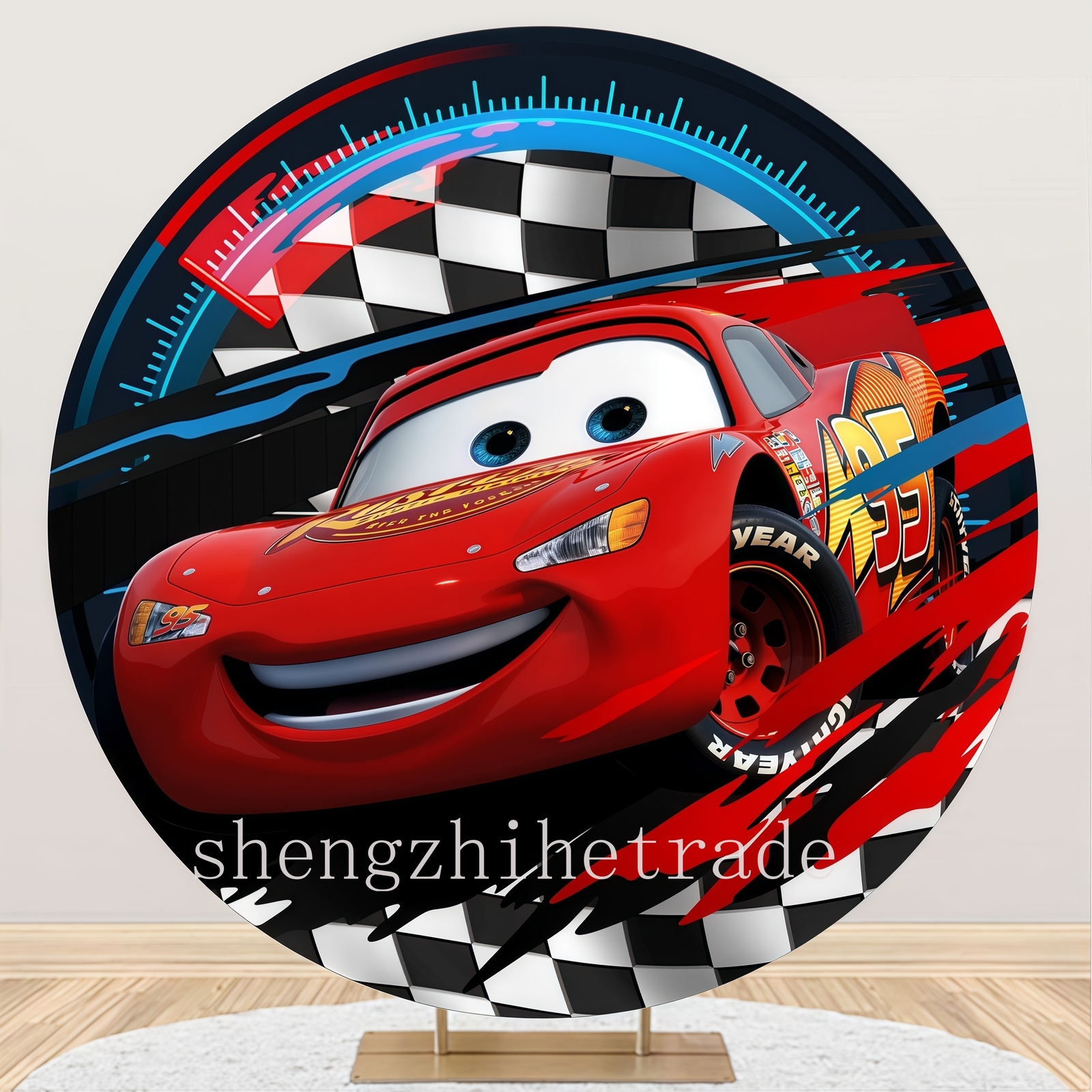 Round Kids 3D Cars Lightning McQueen Backdrop Birthday Party Background Studio