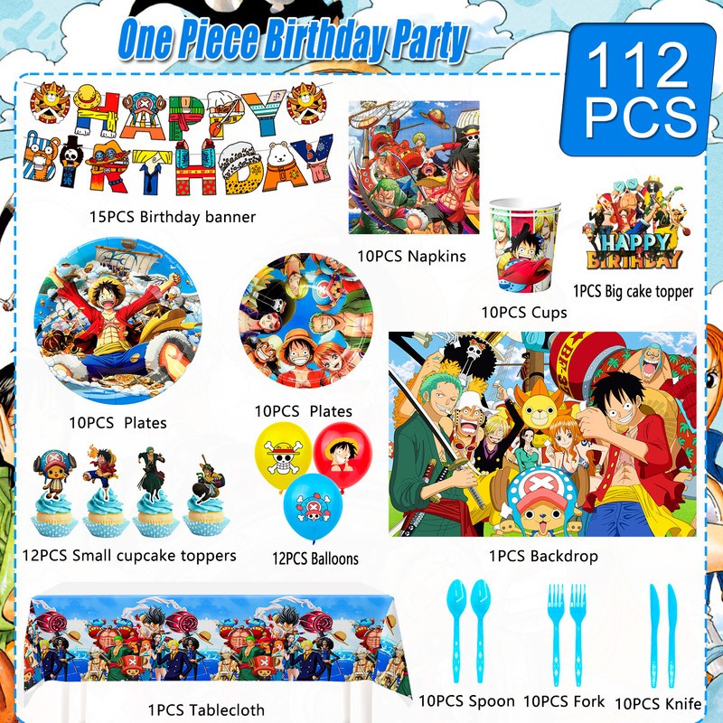 112 Pcs One Piece Party Decorations and Tableware Set Backdrop Plates Banner