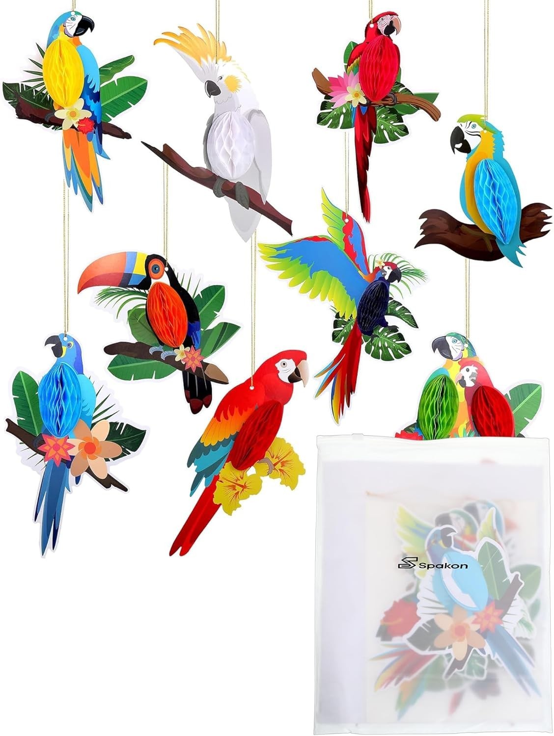 Vibrant Tropical Birds Honeycomb Cutouts – 9 Count for Hawaiian Parties