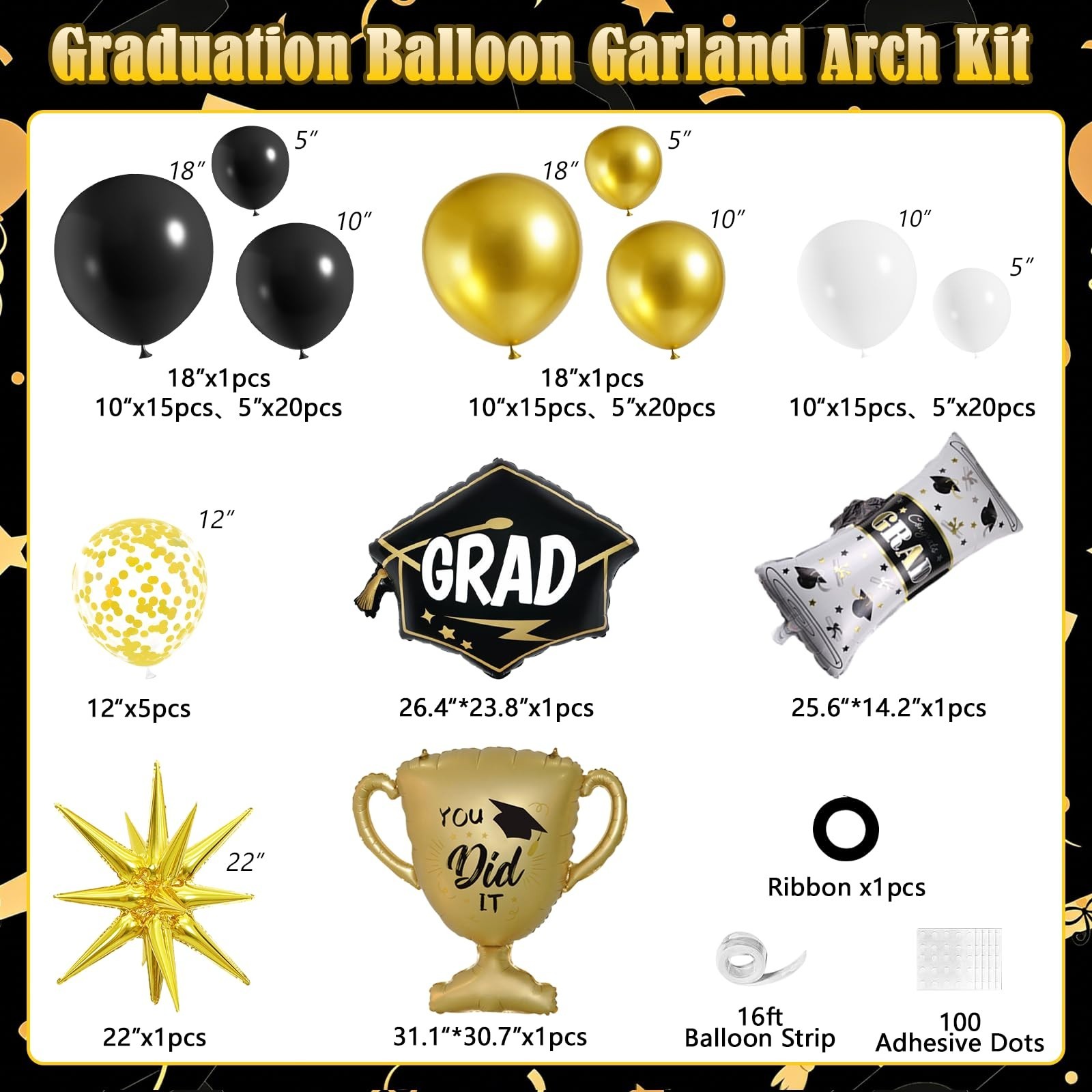 2026 Graduation Decorations – 116Pcs Black Gold White Balloon Arch Garland Kit f