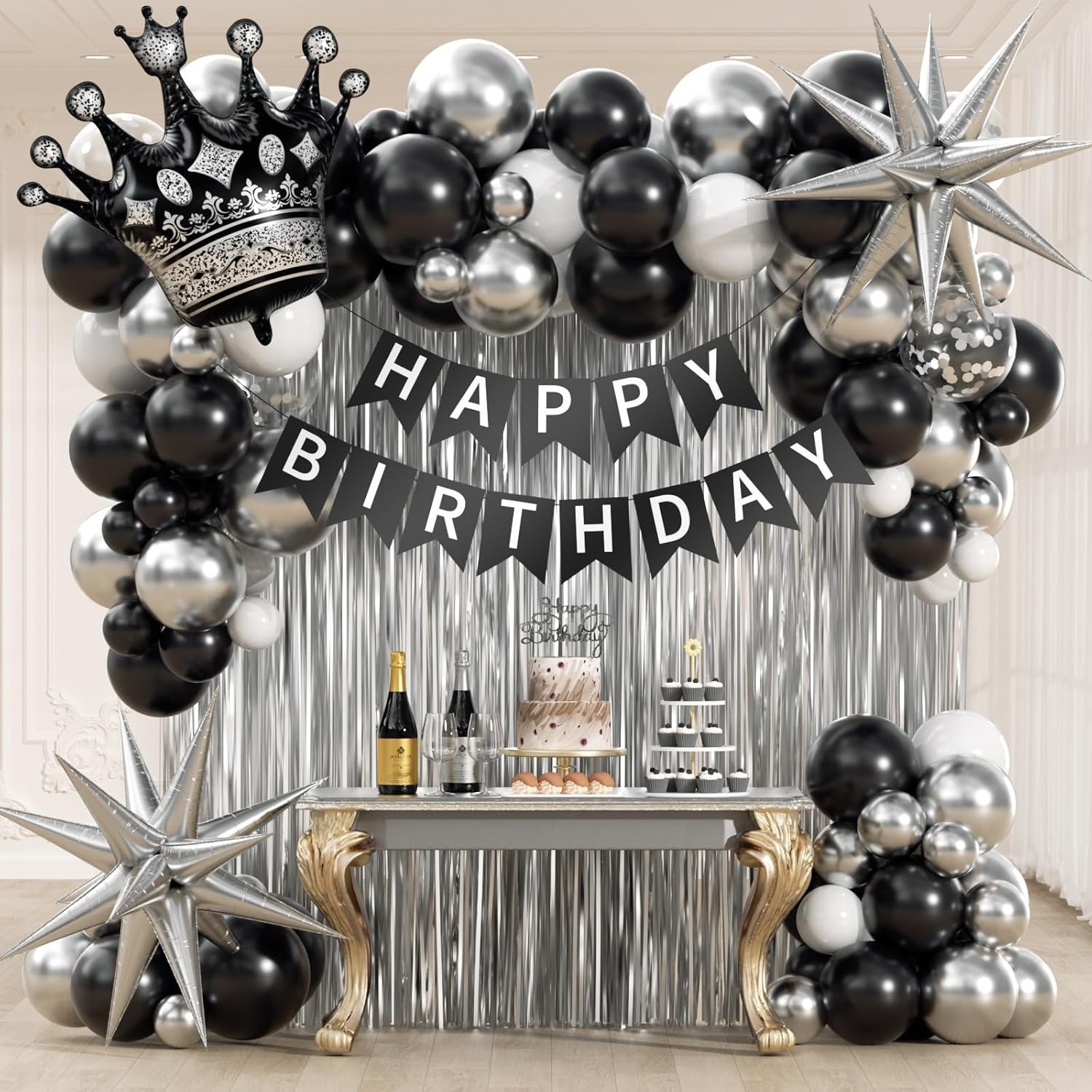 Black Birthday Decorations Set Men Silver Balloons Banner Fringe Curtain