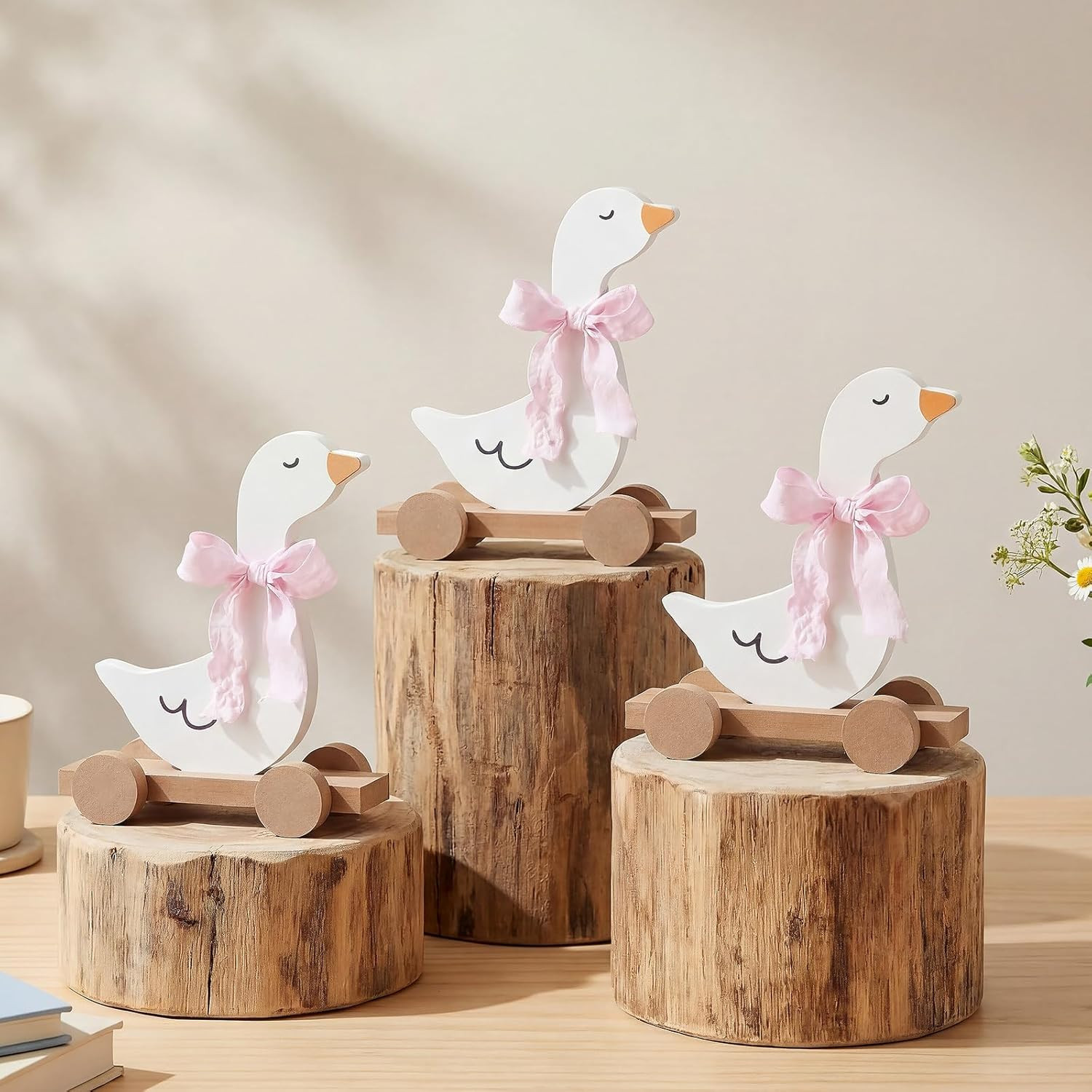 3 Pcs Silly Goose Baby Shower Table Centerpieces Pink Bow Wooden Goose on Wheels
